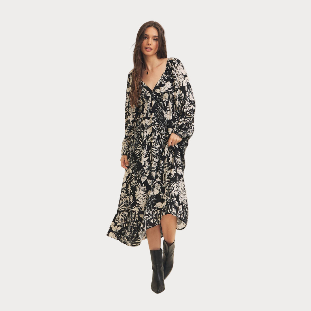 Black Floral Print Midi Dress | Long Bishop Sleeve Boho Dress
