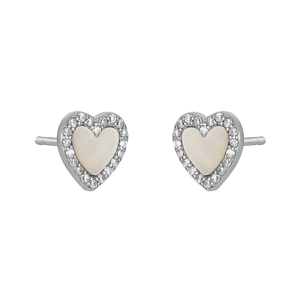 Silver heart-shaped stud earrings with mother of pearl centers and a cubic zirconia border.