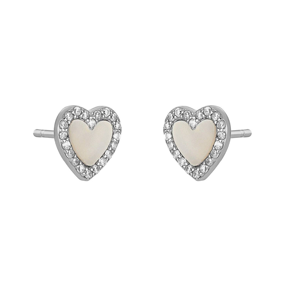 Silver heart-shaped stud earrings with mother of pearl centers and a cubic zirconia border.