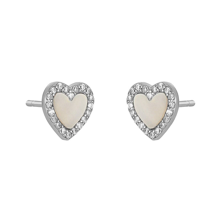 Silver heart-shaped stud earrings with mother of pearl centers and a cubic zirconia border.