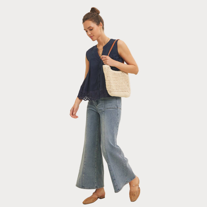 Eyelet Sleeveless Blouse | Button-Front Tank Top