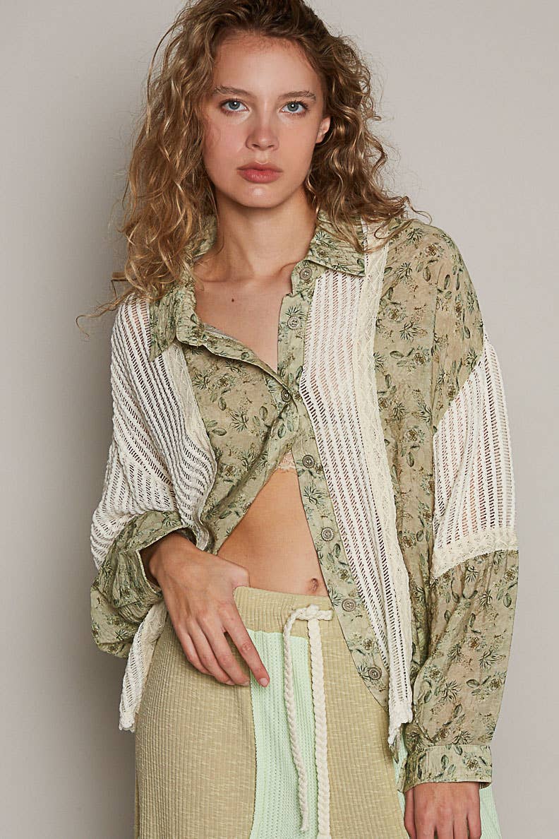 Vintage Olive Floral Button-Up Top with Cream Mesh Panel Accents