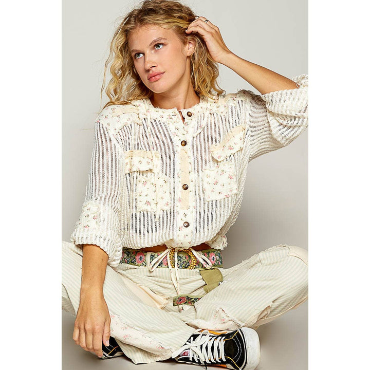 Boho Chic Lilac Mesh Button-Up Top with Floral Patchwork Detail