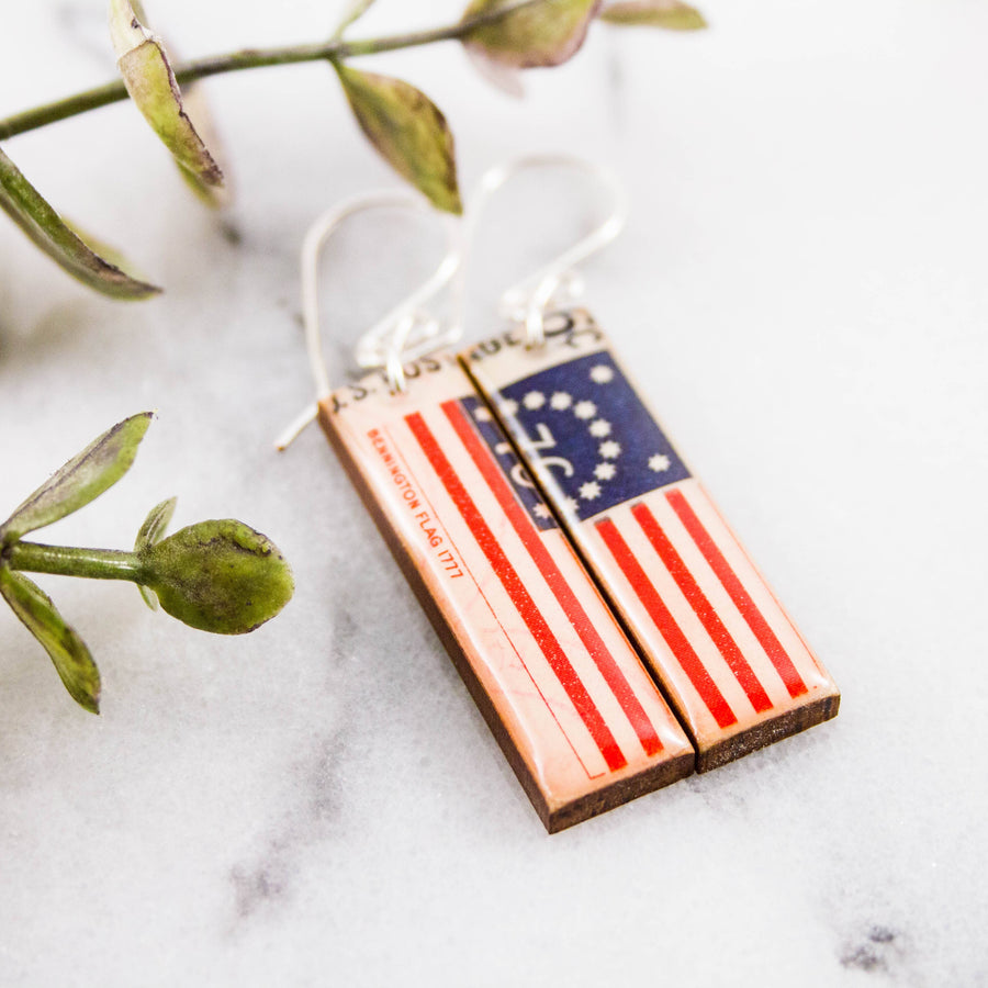 Vintage Bennington flag U.S. postage stamp wooden earrings with red white and blue design and sterling silver ear wires