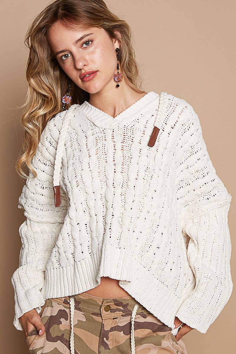 Hooded v-neck contrast rib weave sleeves pullover sweater