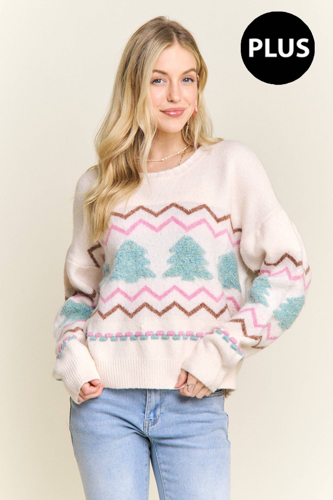 “Plus size cream knit sweater with fluffy textured Christmas trees and pastel chevron stripes”