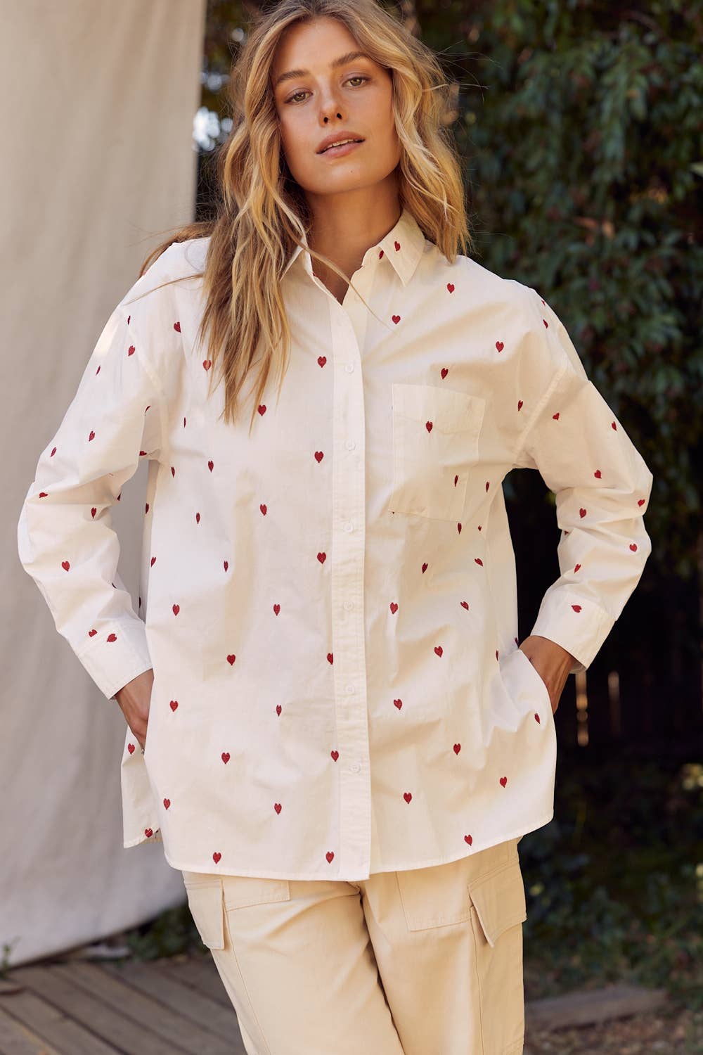 FULL OF HEARTS EMBROIDERY BUTTON DOWN LONG-SLEEVED SHIRT