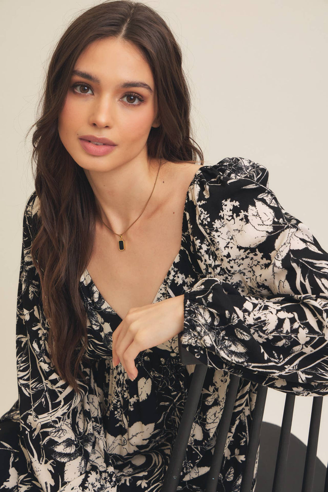 Black Floral Print Midi Dress | Long Bishop Sleeve Boho Dress