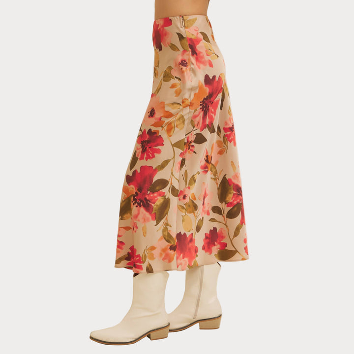 Floral Satin Bias Cut Maxi Skirt | Pink & Red Slip Skirt