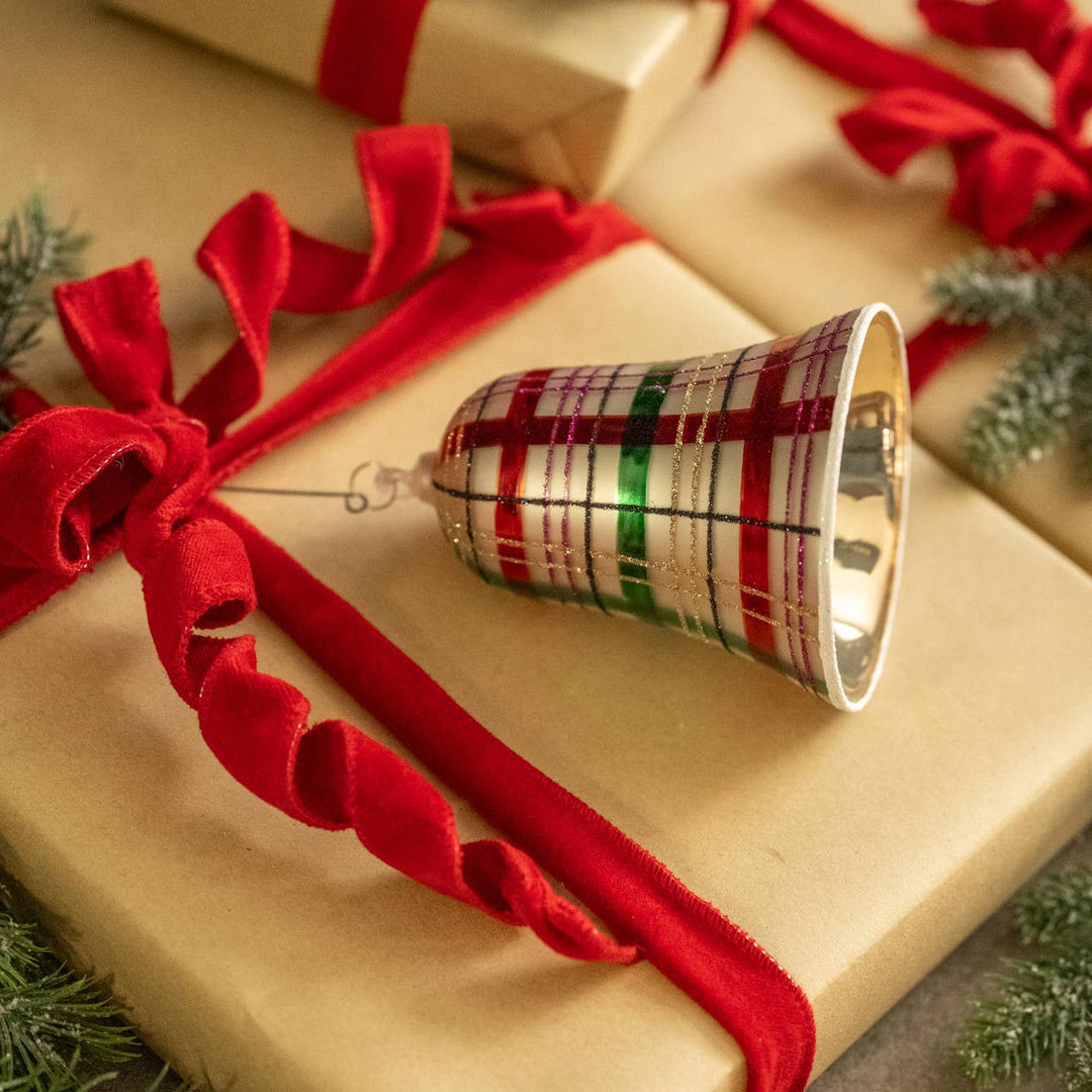 Plaid Glass Bell Ornament – Vintage Holiday Accent