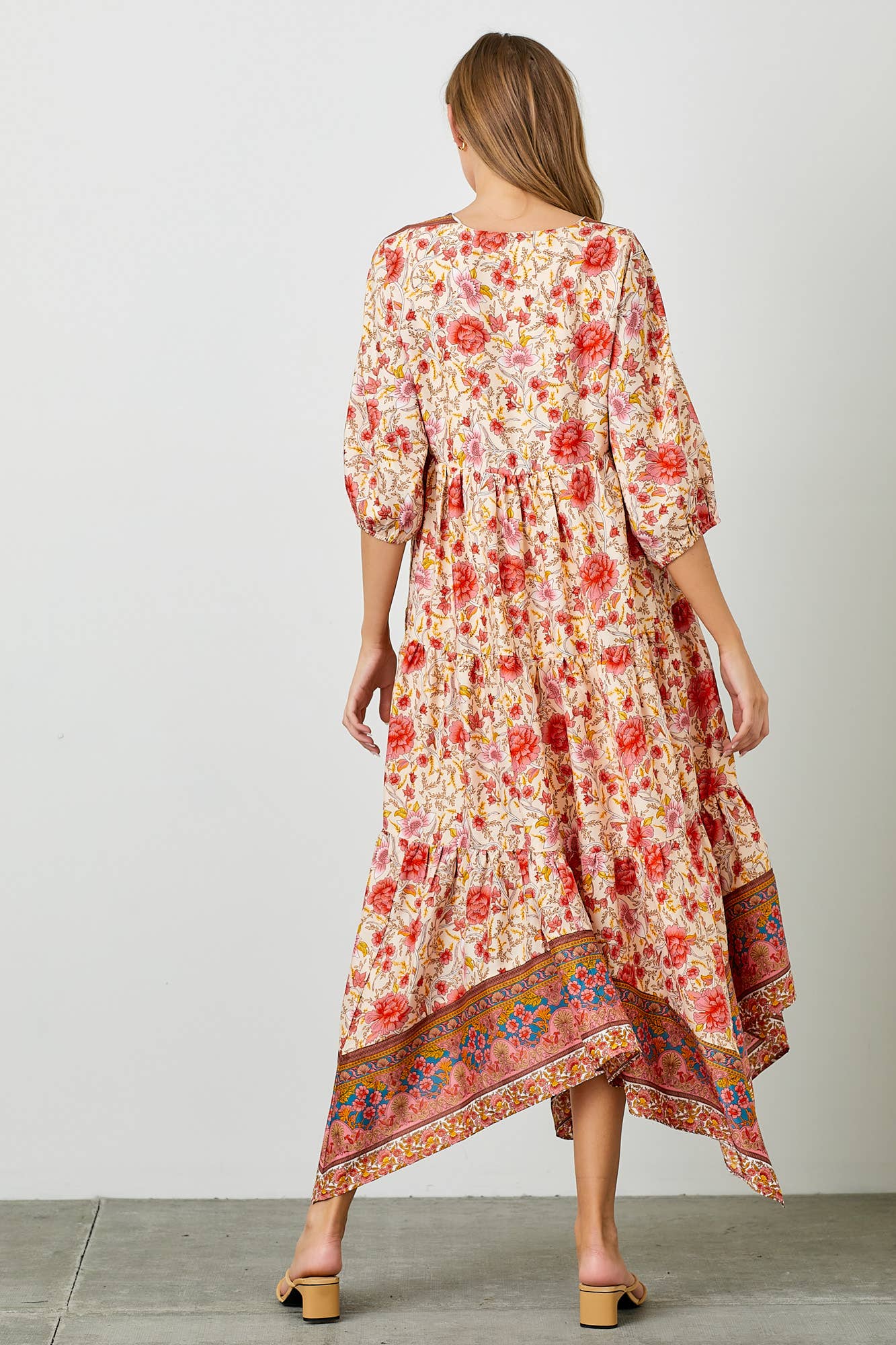 BORDER PRINT TIERED HANKY HEM MAXI DRESS