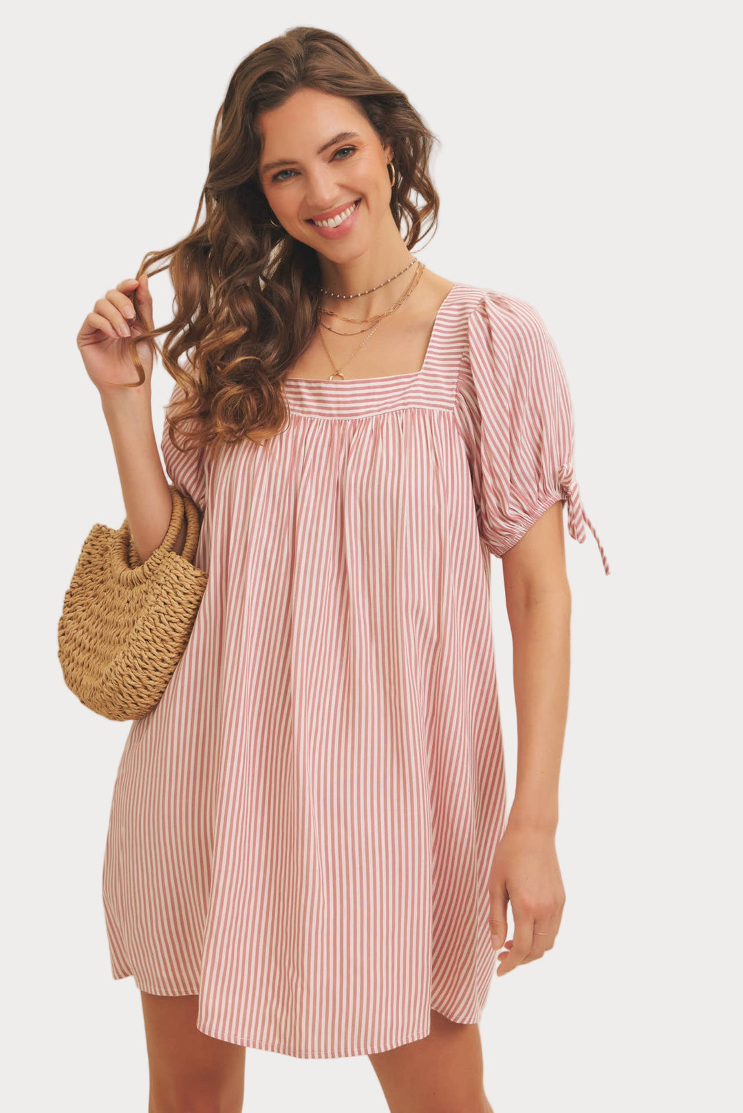 Striped Puff Sleeve Mini Dress | Red & White Square Neck Babydoll Dress