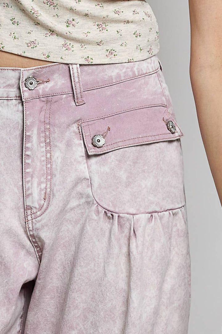 Floral Buttons Shirred Twill Wide Leg Jogger Pants