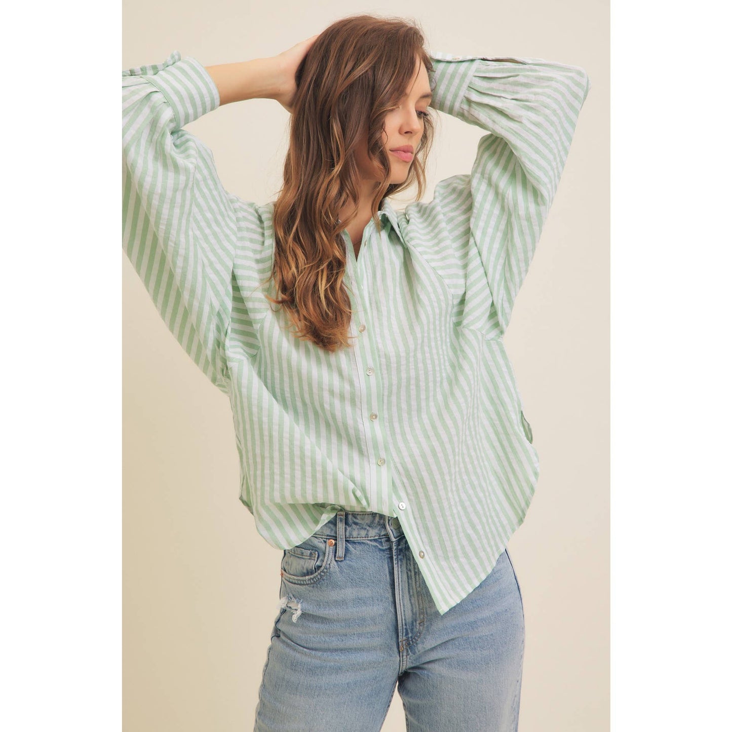 VOLUMINOUS SLEEVED BUTTON-DOWN COTTON STRIPE SHIRT