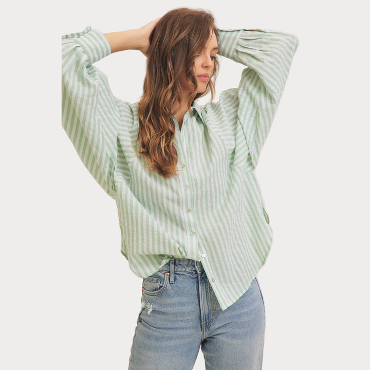 Striped Balloon Sleeve Blouse | Women's Relaxed Fit Button-Up