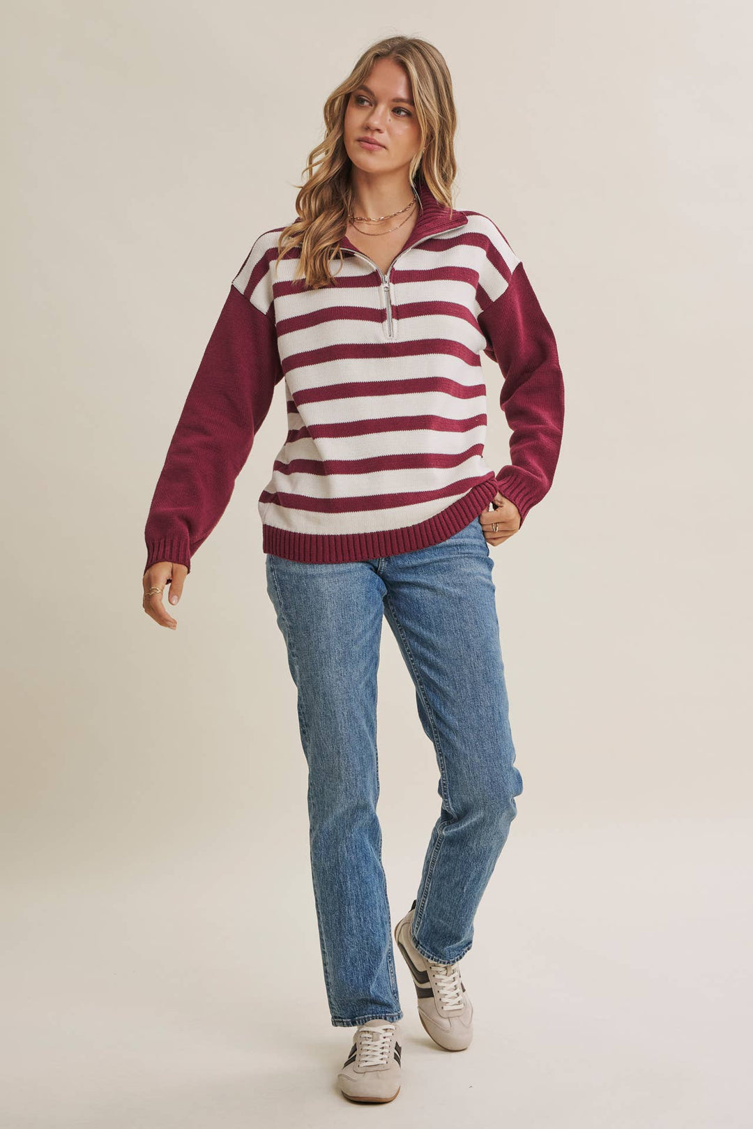 EVERGREEN DAYS CLASSIC HALF ZIP STRIPE PULLOVER SWEATER