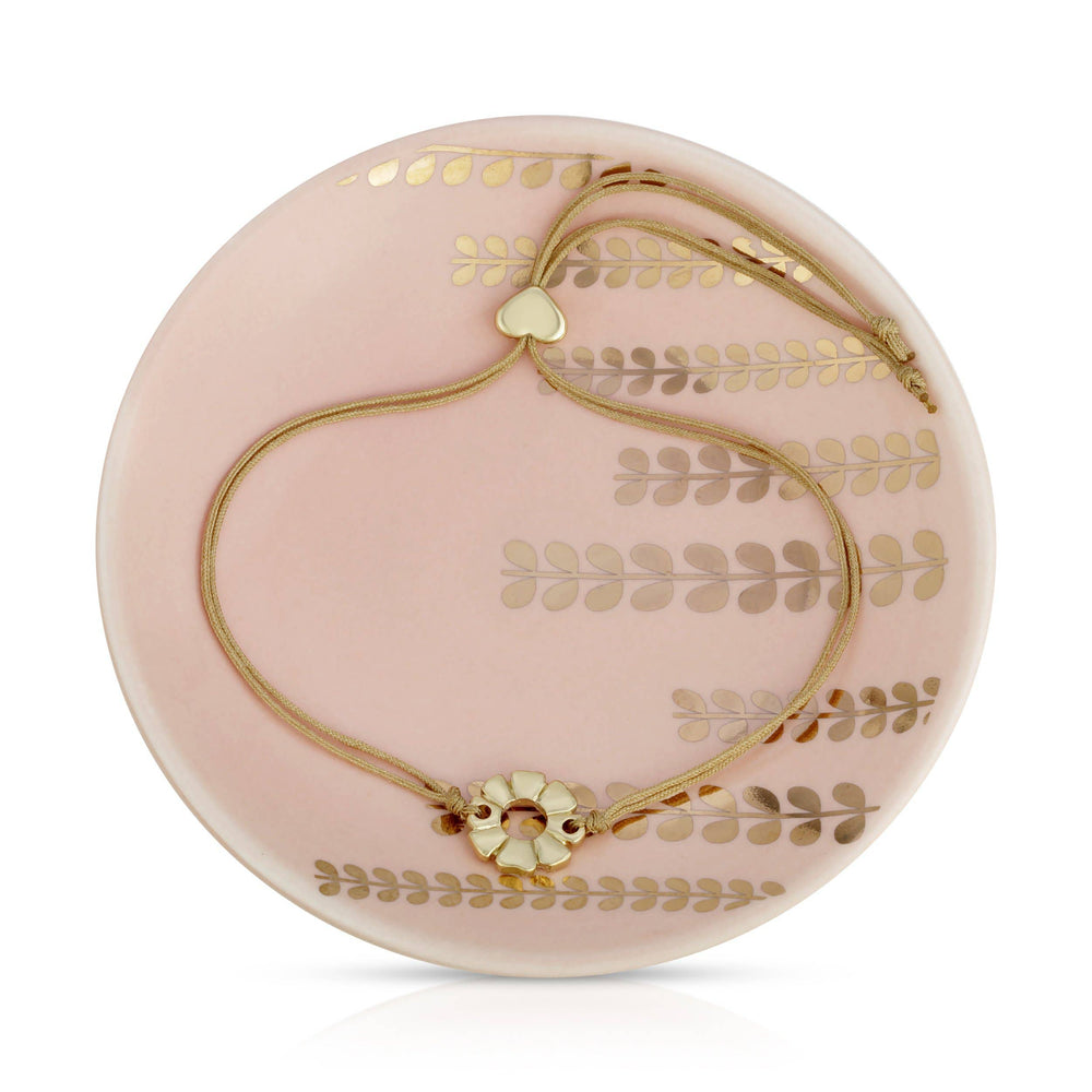 Gold plated flower & beige cord bracelet with gold heart accent and trinket dish gift set with pink floral design 