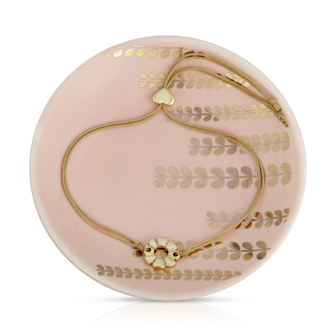 Gold plated flower & beige cord bracelet with gold heart accent and trinket dish gift set with pink floral design 