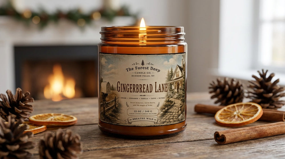 A lit amber glass jar 'Gingerbread Lane' candle on a rustic wooden surface with a cozy blurred background. The label reads 'The Forest Deep Candle Co.