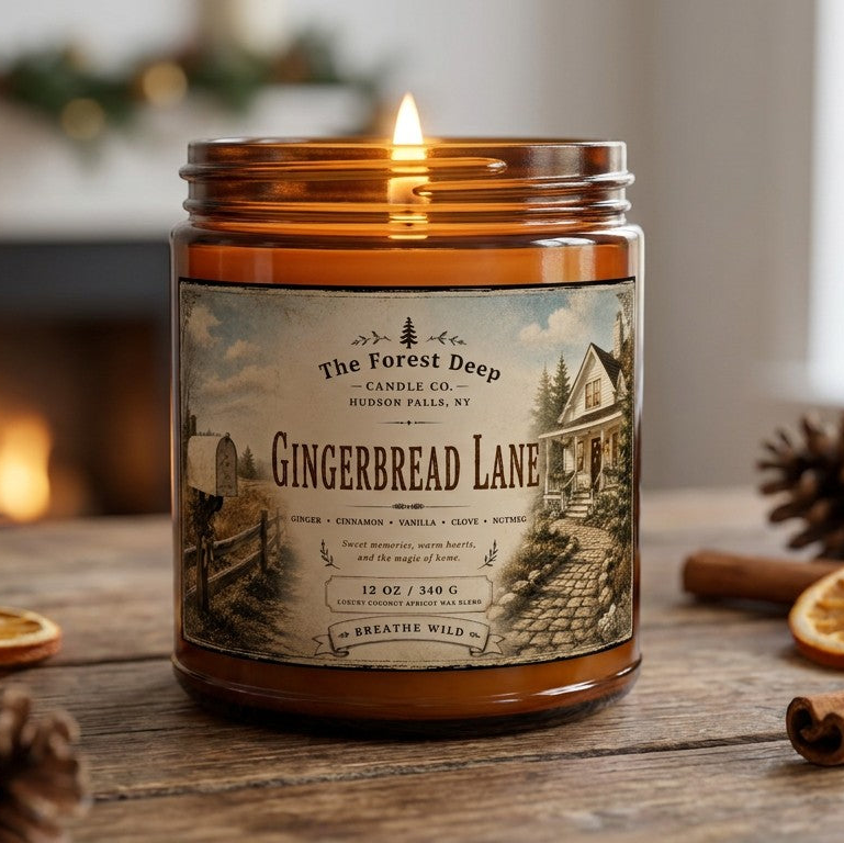 A lit amber glass jar 'Gingerbread Lane' candle on a rustic wooden surface with a cozy blurred background. The label reads 'The Forest Deep Candle Co.