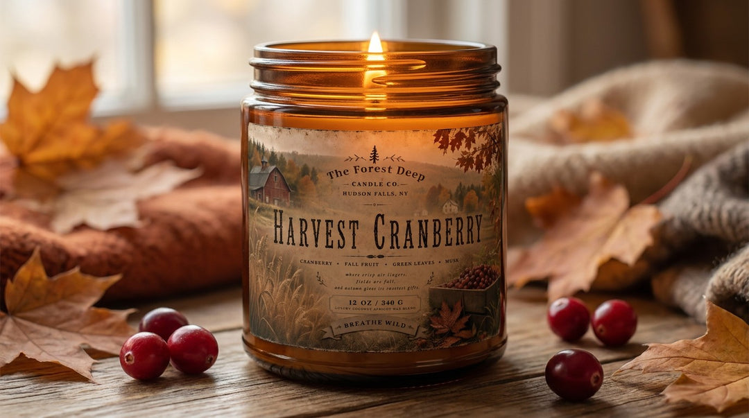 The Forest Deep, Harvest Cranberry, cranberry candle, fall fruit candle, fruity fall candle, harvest candle, autumn candle, fall candle, cranberry fragrance, green leaves candle, musk candle, late autumn candle, Thanksgiving candle, Thanksgiving hostess gift, harvest season, fall home fragrance, autumn home fragrance, locally made candle, Hudson Falls NY, New York made, hand poured candle, artisan candle, fall gift, hostess gift, Fern & Fauna Boutique