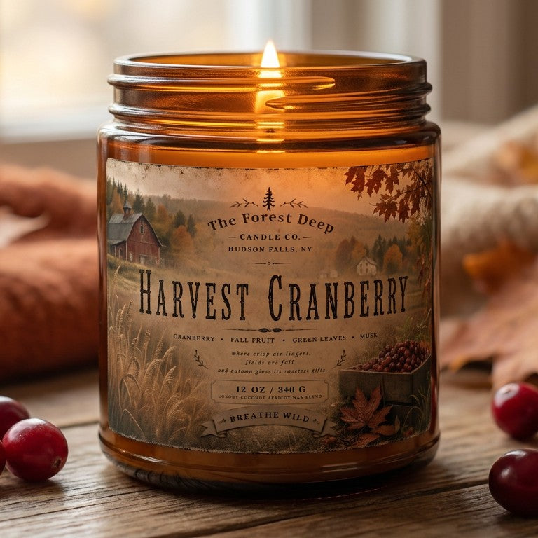 The Forest Deep, Harvest Cranberry, cranberry candle, fall fruit candle, fruity fall candle, harvest candle, autumn candle, fall candle, cranberry fragrance, green leaves candle, musk candle, late autumn candle, Thanksgiving candle, Thanksgiving hostess gift, harvest season, fall home fragrance, autumn home fragrance, locally made candle, Hudson Falls NY, New York made, hand poured candle, artisan candle, fall gift, hostess gift, Fern & Fauna Boutique