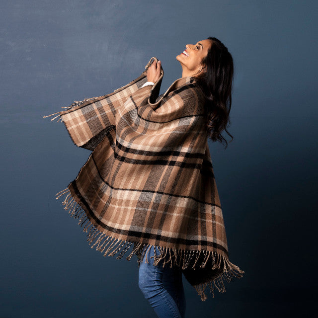 Reversible Plaid Kimono - Camel and Black