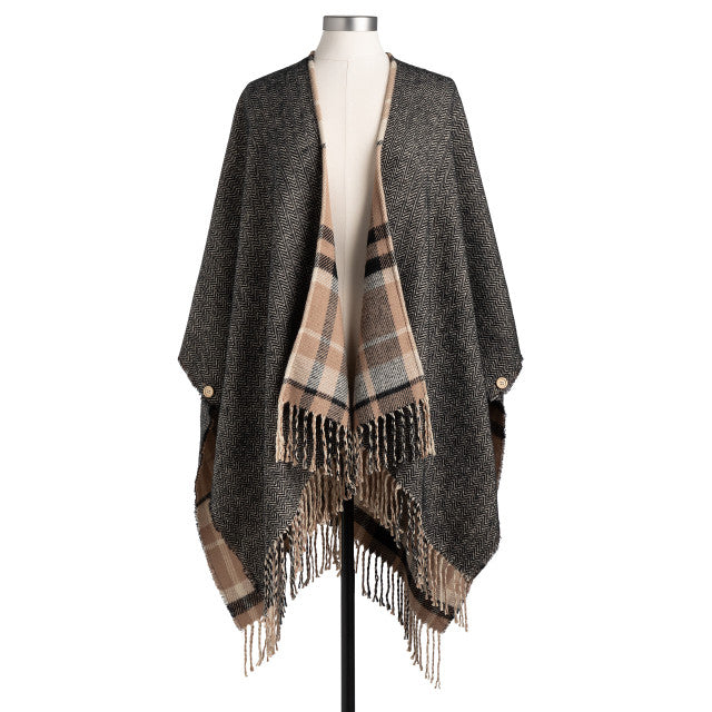 Reversible Plaid Kimono - Camel and Black