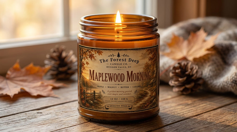 A lit amber glass jar candle labeled 'The Forest Deep Candle Co. Maplewood Morning' sits on a rustic wooden surface with autumn leaves, pinecones, and a soft-focus window background.