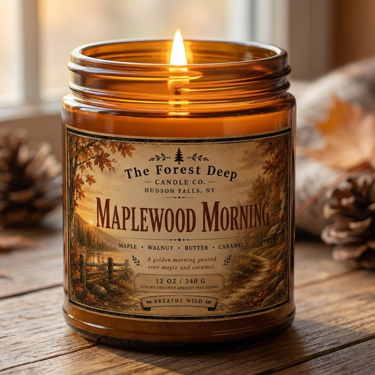 A lit amber glass jar candle on a rustic wooden surface with pinecones and soft autumn background elements. The front label reads 'The Forest Deep Candle Co.