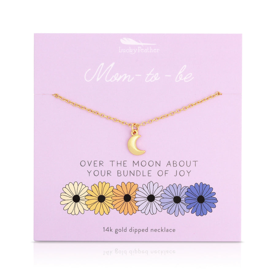 Mom-to-be necklace with crescent moon charm on “Over the moon about your bundle of joy” gift card