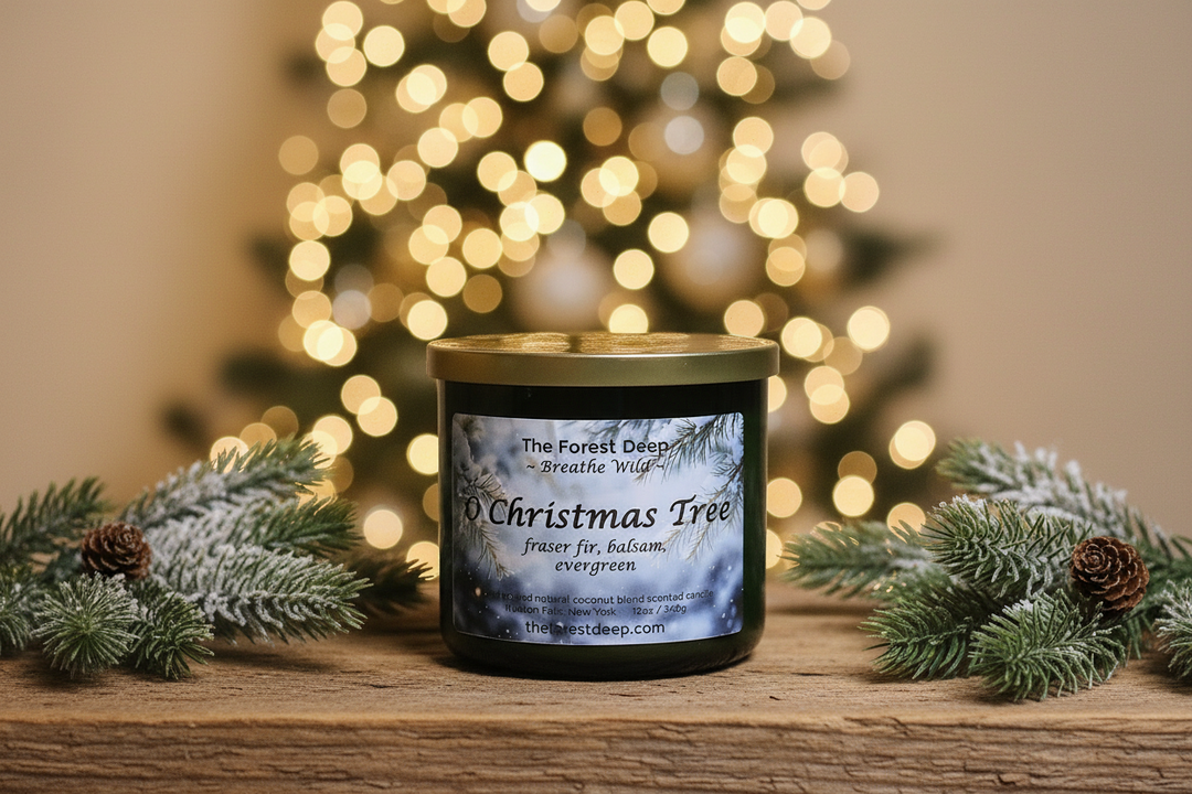 “O Christmas Tree candle by The Forest Deep with evergreen holiday label”