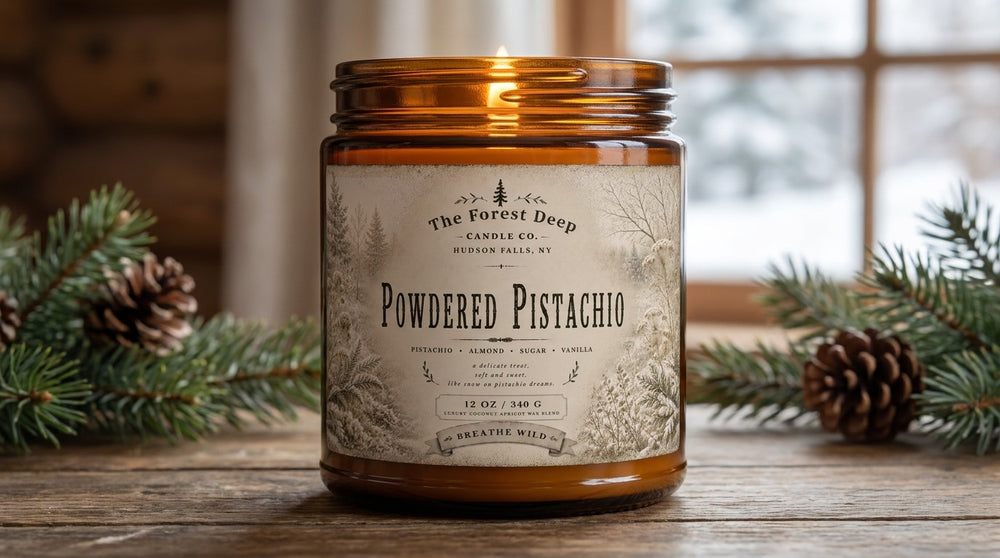 The Forest Deep Powdered Pistachio 12 oz candle featuring pistachio, toasted almond, sugar and vanilla fragrance notes