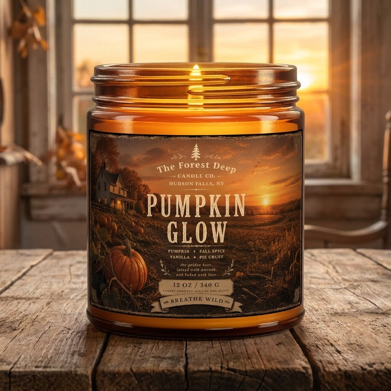 The Forest Deep Pumpkin Glow 12 oz candle, locally hand-poured in Hudson Falls NY, with pumpkin, fall spice, pie crust and vanilla notes. Candle container is amber colored glass.