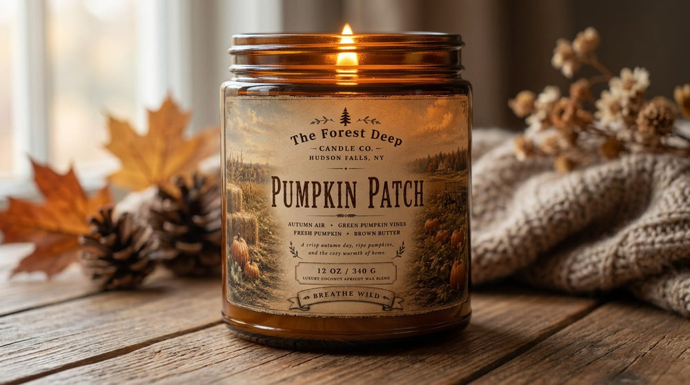The Forest Deep Pumpkin Patch 12 oz candle with autumn air, green pumpkin vine, fresh pumpkin and brown butter fragrance notes