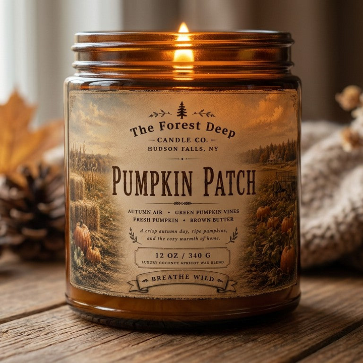 The Forest Deep Pumpkin Patch 12 oz candle with autumn air, green pumpkin vine, fresh pumpkin and brown butter fragrance notes