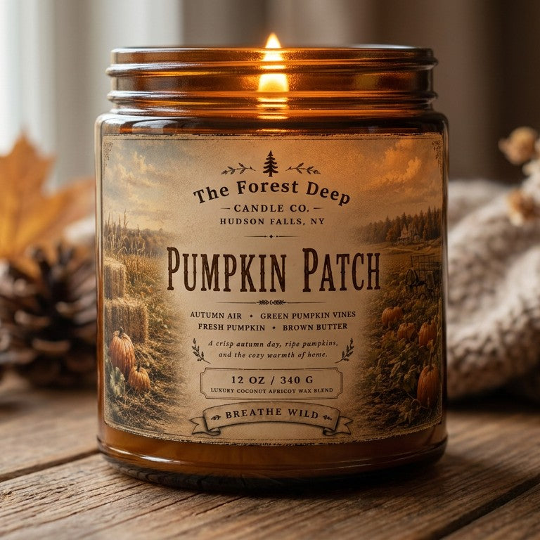 The Forest Deep Pumpkin Patch 12 oz candle with autumn air, green pumpkin vine, fresh pumpkin and brown butter fragrance notes