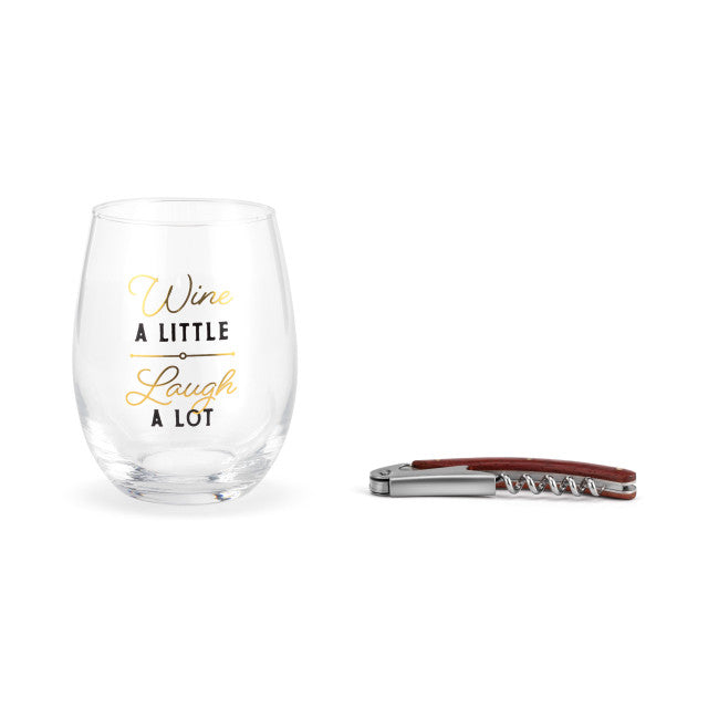 Wine Glass & Corkscrew Set - Laugh a Lot Wine