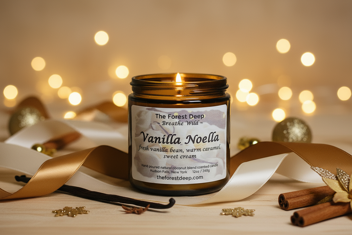 Vanilla scented candle labeled 'Vanilla Noella' with vanilla beans and cinnamon sticks on a wooden surface with blurred lights in the background.