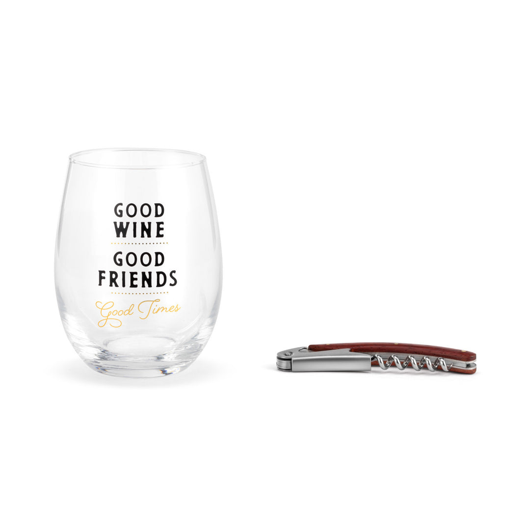 Wine Glass & Corkscrew Set - Good Friends