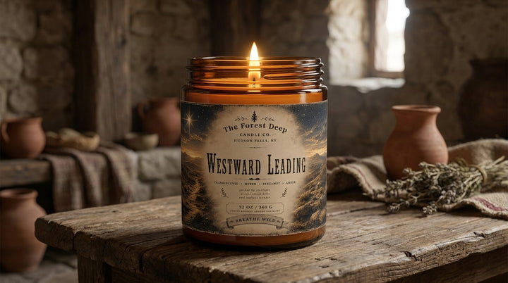 The Forest Deep Westward Leading 12 oz candle featuring frankincense, myrrh, bergamot and amber fragrance notes