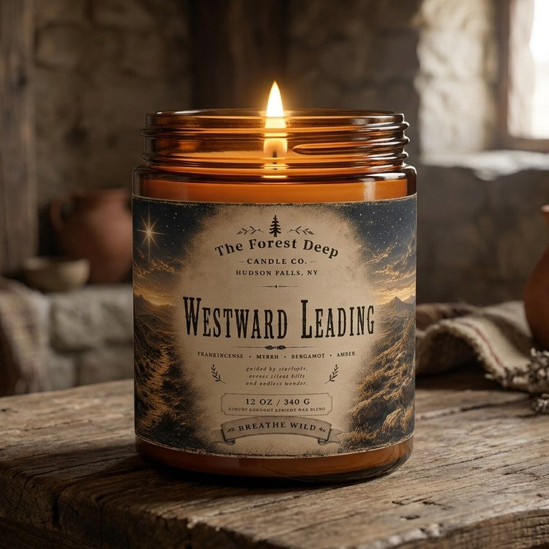 The Forest Deep Westward Leading 12 oz candle featuring frankincense, myrrh, bergamot and amber fragrance notes