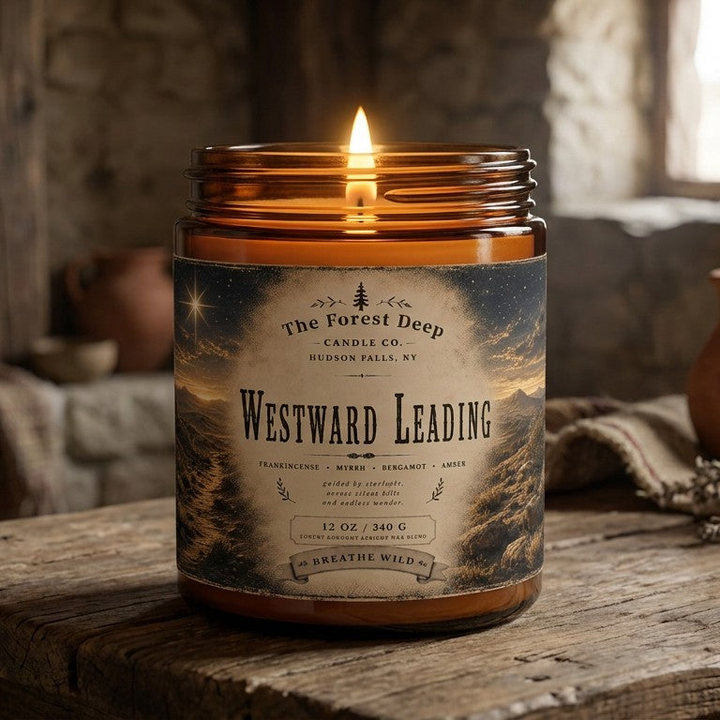 The Forest Deep Westward Leading 12 oz candle featuring frankincense, myrrh, bergamot and amber fragrance notes